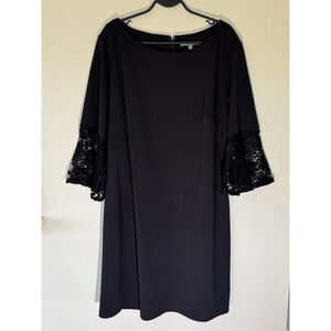 Sharagano Black Shift Dress Lace Bell Sleeves Size 14 Elegant Cocktail Workwear